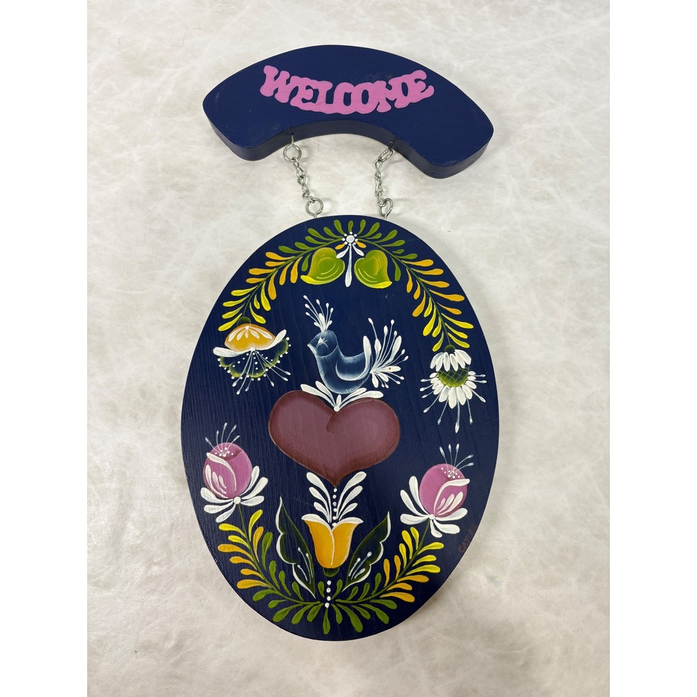 Vintage 1988 Hand Painted Rosemaling Wood Welcome Sign Folk Art Bird Heart Navy